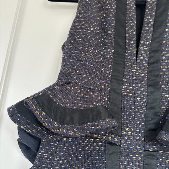 Altuzarra Peplum Pencil Dress Sz 38 Blue Black Gold Tweed Ruffle Trim - Picture 5 of 8